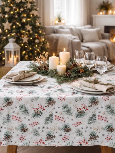 Скатерть льняная Новогодние шишки без салфеток