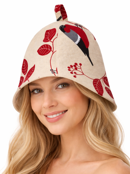 Шапка льняная для бани рисунок Снегири