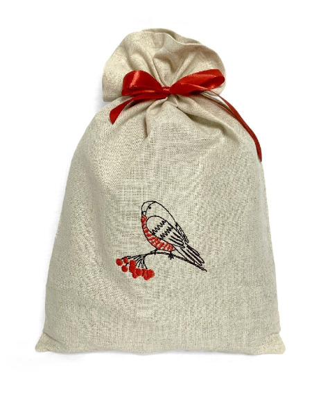 Мешочек льняной с вышивкой Снегирь на веточке