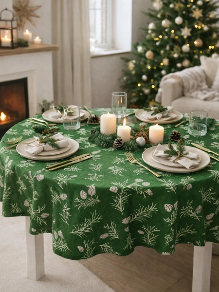 Скатерть круглая изо льна Шишки без салфеток