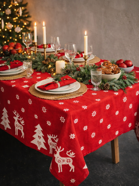 Скатерть льняная Олень на красном без салфеток