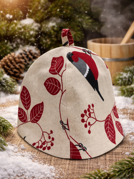 Шапка льняная для бани рисунок Снегири