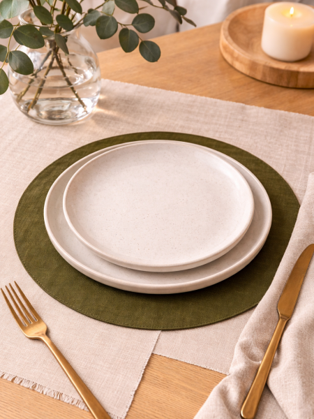 Салфетка круглая изо льна цвет зеленый