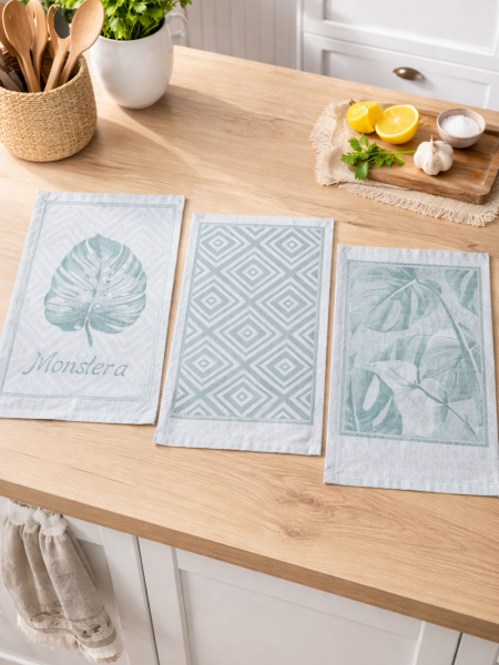 Набор льняных полотенец для кухни Монстера