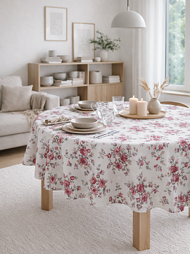 Скатерть льняная Розы круглая без салфеток
