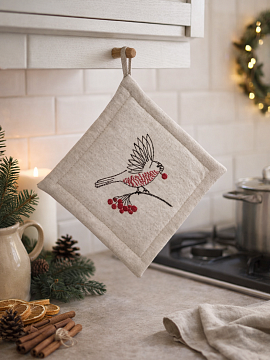 Прихватка льняная Снегирь на веточке