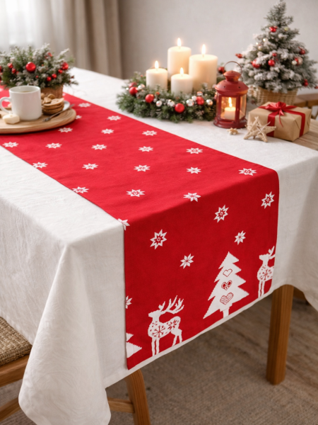 Дорожка льняная Сказка на Рождество цвет красный