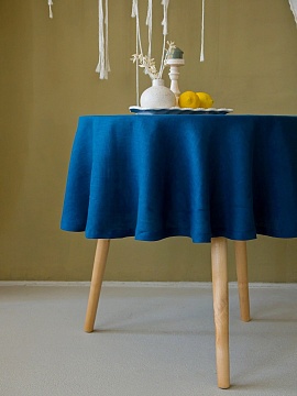 Скатерть круглая изо льна цвет индиго без салфеток