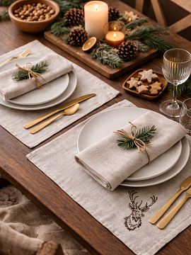 Салфетка льняная серая с вышивкой Олень