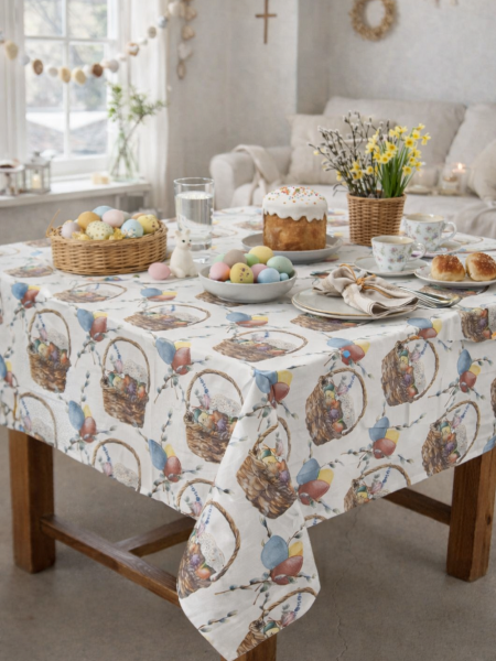 Скатерть льняная Пасхальные куличи без салфеток