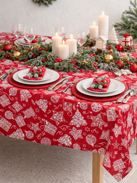 Скатерть льняная Новогодний коллаж без салфеток