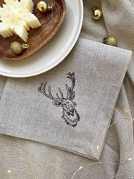 Салфетка льняная серая с вышивкой Олень