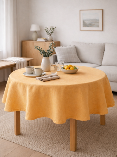 Скатерть круглая изо льна оранжевая без салфеток