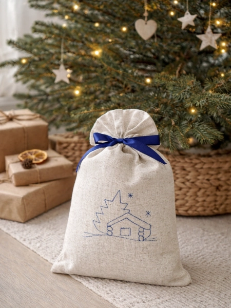 Мешочек льняной Зимняя деревня цвет серый