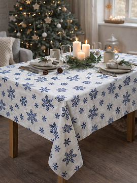 Скатерть льняная Кружевные снежинки без салфеток