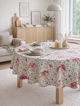 Скатерть льняная Птички круглая без салфеток